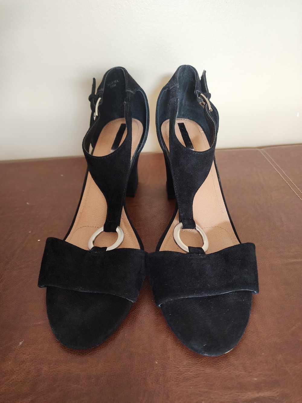 Tahari Black Suede T-Strap Block Heel Sandals with Silver Ring